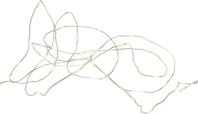 A tangled string of LED lights on a white background.