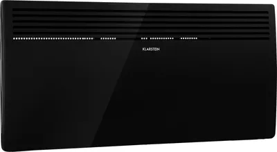 A black electric heater with a glass front and a vent at the top.