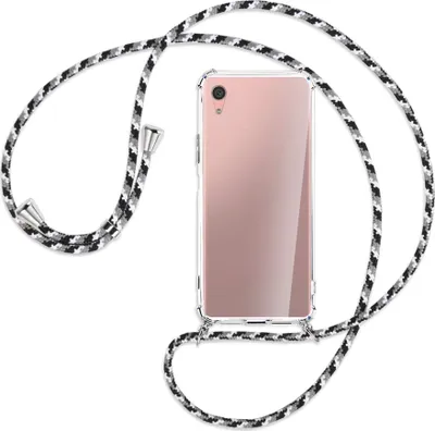 Produktbild von Handykette Backcover-Schutzhülle mit Band (Metall silberfarben) für Sony Xperia XA1 Plus - schwarz/grau/weiß