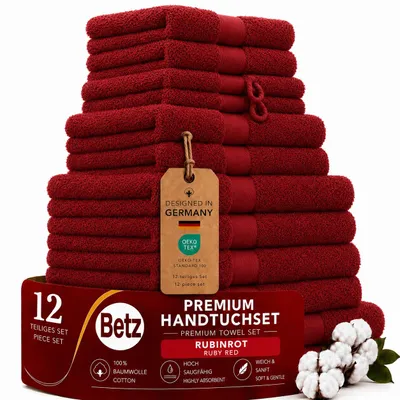 Produktbild von Betz Premium Handtuch-Set 12-teilig – 100% Baumwolle – ® – extra saugfähig & weich – hohe Grammatur – Farbe rubinrot, KI-generiertes Bild