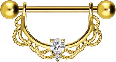 Produktbild von Brustwarzenpiercing, Zungenpiercing, Intim-Piercing Chirurgenstahl Nippelpiercing ORIENTALISCHES DESIGN + KRISTALL Gold Stablänge: mm