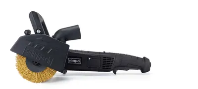 A black satining machine with a brass brush is shown against a white background.