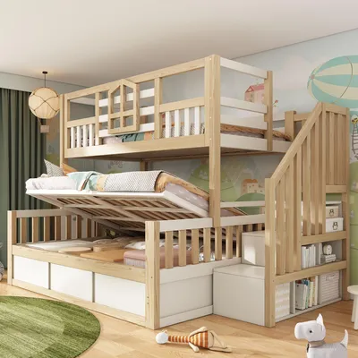 Image de Lit superposé pour enfants Merax 90/140 x 200 cm avec coffre de rangement à système hydraulique, lit cabane avec escalier de rangement et fenêtre, norme EN747, blanc + naturel
