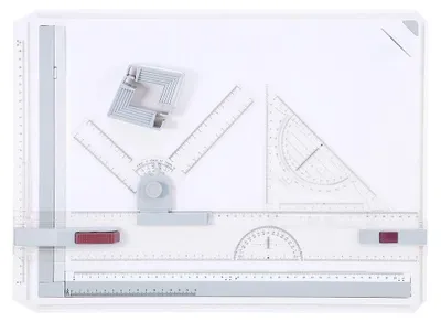 Obrázok produktu pre Omgoods – Kresliaca doska A3, multifunkčná – Súbor kresliacich dosiek s paralelným posuvom – Nastaviteľný uhol – 2 pravítka – 56 x 39 x 6 cm – Plast – Kresliaca doska