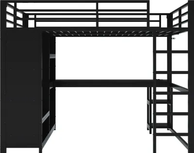 Produktbild von Merax Etagenbett Hochbett 160x200 cm, Kinderbett mit LED, Schreibtisch, offenem Kleiderschrank, Stockbett, Eisenbett, Jugendbett, Schwarz