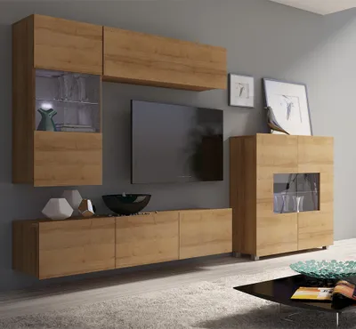 Produktbild von Wohnzimmer Möbel Set in Eiche Gold Nb. mit LED Beleuchtung CAIRNS-132, B/H/T ca. 265/200/43 cm