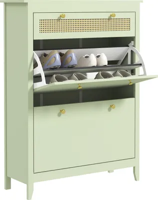 A light green shoe cabinet with two flip-down compartments and a drawer, displaying shoes inside.