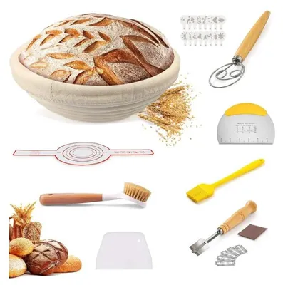 Image de Kit pour pain au levain : panier de fermentation rond en rotin, panier banneton, racloir à pâte, 16 modèles de gaufrage, tapis de cuisson en silicone, plus de 12 pièces