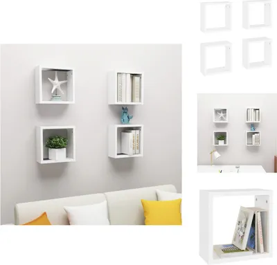 A collage of images showing white cube shelves mounted on a wall, displayed in different arrangements and with various decorative items.