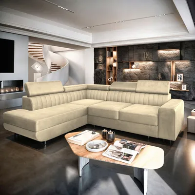 Zdjęcie produktu dla Masseno Narożnik NOLA L-S z funkcją spania i pojemnikiem na pościel Kształt L, Rozkładana sofa, Rogówka - Kremowy, MONOLITH 04