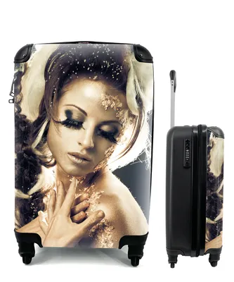 Produktbild von MuchoWow® Koffer Handgepäck Trolley Rollkoffer Kleine Reisekoffer mit 4 Rollen - Frau - Gold - Haar - Cabin Size < 55x40x23 cm & 55x40x20 cm - Fotokoffer - Kabinenkoffer - Boardgepäck - Reise-Box - Reisekoffer - Reisegepäck - Koffer mit Bild - Trolley für Kinder