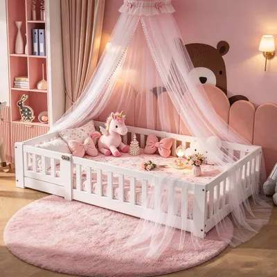 Produktbild von INONEFT Kinderbett 90x200cm,Montessori-Bett,Bodenbett,Holzbett mit Rausfallschutz und Tür & Lattenrost & Absturzsicherung,Spielbett,Einzelbett,weiß