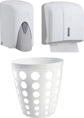 Produktbild von CleanSV® Via Set 3 teilig  weiss  Seifenspender 500 ml  Papierhandtuchspender Papierkorb