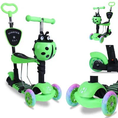 Produktbild von Habib 5-in-1 Kinderroller mit Rückenlehne – Abnehmbarer Sitz, LED-Räder & höhenverstellbarer Lenker. Ideal für 2-8 Jahre. Grün