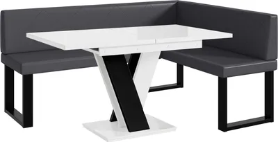 Produktbild von MEBLINI Eckbank für Esszimmer mit ausziehbarem Tisch  - Küchenbank - Essecke - Sitzecke Küche - ERIC - U-Beine 128x168x87cm Rechts - Grau Kunstleder/M Weiß-Schwarz Hochgl.