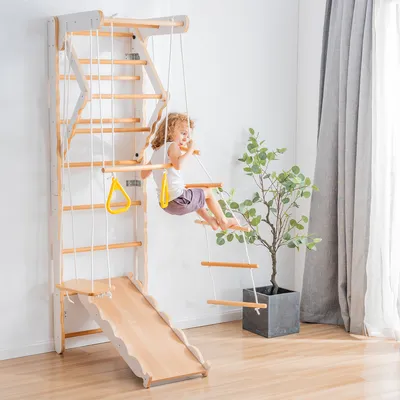 Produktbild von 6-in-1 Multifunktions Spielturm Klettergerüst mit Rutsche Schaukel Krabbelleiter Klettergerüst Klimmzugsbereich Ringe Kletterturm