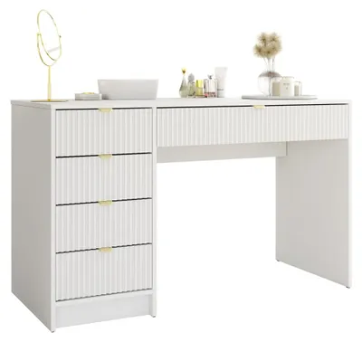 Produktbild von MIRJAN24 Schreibtisch / Schminktisch Tireno mit 5-Schubladen, Fronten gefräst, Aluminiumgriffe in der Farbe Gold, universell - Links / Rechts (Farbe: Weiß Velvet)