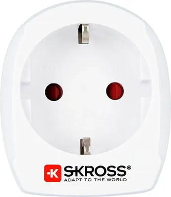 A white SKROSS travel adapter for European plugs.