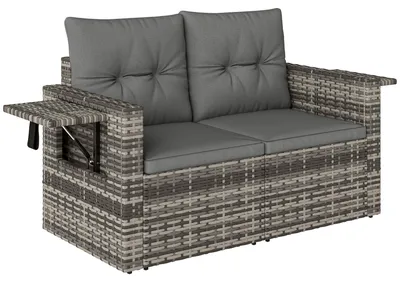 Produktbild von 2-Sitzer Rattansofa mit Kissen Klappbar Seitentabletts Loungesofa Sitzgruppe Hellgrau