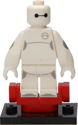 A LEGO minifigure of Baymax from Disney's "100 Years of Disney" collection, standing on a display base.