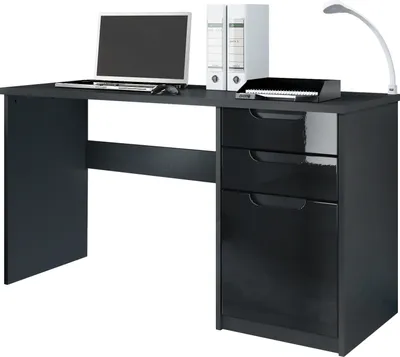 Produktbild von Vladon Schreibtisch Logan,  Germany, Bürotisch mit 2 Schubladen und 1 Tür, Schwarz matt/Schwarz Hochglanz (129 x 76 x 60 cm)