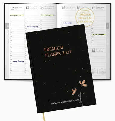 Produktbild von Premium Planer 2027 Buchkalender schwarz Roségold, 30-Min-Taktung, 18,5x26 cm,OptiPlaner Noir