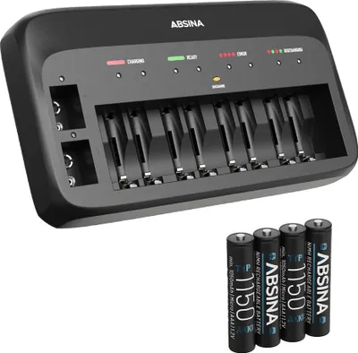 A battery charger and four AAA batteries are shown against a white background.