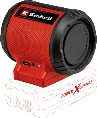 A red and black Einhell battery-powered speaker is shown, with a dashed outline of a battery pack underneath.