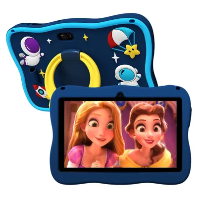 A blue tablet with a space-themed protective case, displaying cartoon characters on its screen.
