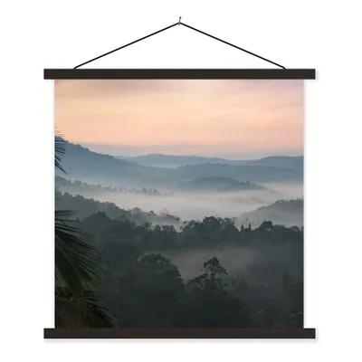 Produktbild von MuchoWow® Textilposter Wald - Sonne - Nebel 60x60 cm mit schwarzem Rahmen - Posteraufhänger