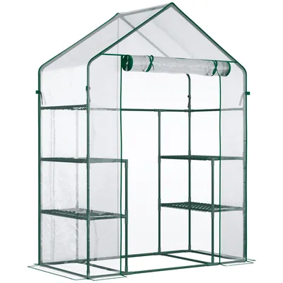 Image de Outsunny Serre de jardin avec étagères 3 niveaux, serre de balcon, bâche renforcée, châssis en acier, porte zippée enroulable, pour légumes plantes fleurs, intérieur et extérieur, 142x73x195cm, vert
