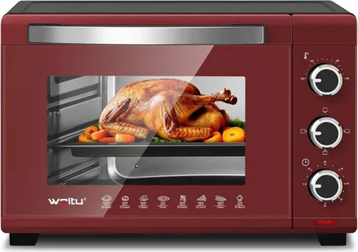 Produktbild von WOLTU Mini Backofen 28 L, Pizzaofen 1600 W, 100-230 °C, Timer 0-60 Min., 3 Heizmodi, inkl. Backblech Grillrost Krümelblech Rostheber, Rot+Schwarz
