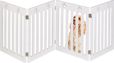 Zdjęcie produktu dla Relaxdays – barierka dla psów, wolnostojąca barierka ochronna, wys. x szer.: 60 x 204 cm, MDF, składana barierka na drzwi, biała