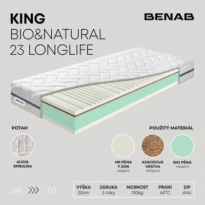 Obrázek produktu pro Matrace ze studené pěny Benab King Bio&Natural 23 Longlife Matrace 75 x 200 cm H3 / H5 tvrdost 23 cm výška Matrace ze studené pěny, Algua Spirulina, BIO pěna, Kokos, HR, 7 zón, Profilace, Partnerský matrac