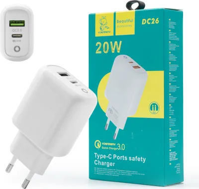 Zdjęcie produktu dla Denmen Ładowarka Sieciowa  Dual Usb + Usb-C 20W+20W Dc26