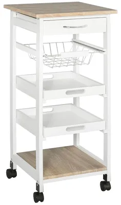 Servierwagen mit Rollen, 4 Ablagen, Weiß/Eiche, 37x37x82 cm