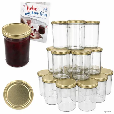 Obrázek produktu pro Sada sklenic "48er" na marmeládu, objem 435 ml. Sklenice na zavařování, typ TO82, zlaté víčko, brožura