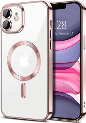 Image de Coque magnétique transparente pour iPhone 11, compatible MagSafe, coque de protection galvanisée avec protection de l'appareil photo Rose