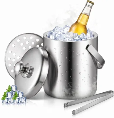 Produktbild von Edelstahl Eiskübel mit 1,3L Volumen, Deckel, Sieb und Eiszange