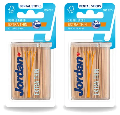 Productafbeelding van 2 x Jordan Dental Sticks Extra Dun - Interdentale stokjes met fluoride en mintsmaak - Voordelijnverpakking - 2 stuks