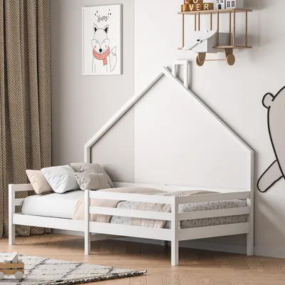 Produktbild von Fortuna Lai Kinderbett 90x200cm mit Rausfallschutz und Lattenrost, Hausbett mit Schornstein, Kiefernholzbett Spielbett für Kinder, Weiß