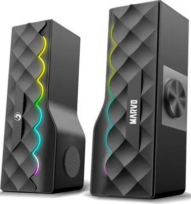 Two black speakers with a diamond pattern and colorful LED lights.