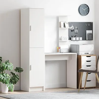 Image de Bureau en panneaux de particules blancs, avec espace de rangement et 2 portes battantes, dimensions : 113,5 x 39 x 168 cm. Idéal comme bureau informatique, bureau de travail, ou bureau d'angle pour le bureau et le télétravail