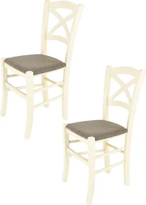 Produktbild von t m c s Tommychairs - 2er Set Stühle CROSS für Küche und Esszimmer, robuste Struktur aus lackiertem Buchenholz in der Anilinfarbe Weiss und gepolsterte Sitzfläche mit Stoff in der Farbe Rehbraun bezogen