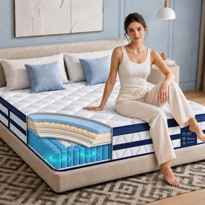 Imagen del producto de Colchón de 90x200 cm, con un grosor de 26 cm e incluye un topper integrado. Colchón de muelles ensacados de 7 zonas, firmeza H3/H4, con un tejido de alta calidad de 420 g/m²