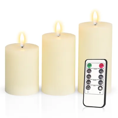 Produktbild von Meisterhome® 3er-Set Flammenlose LED Kerzen Ribble mit Timer Elfenbein Stumpenkerze Fernbedienung Batteriebetrieben Warmweiß echten Wachs Dekoration