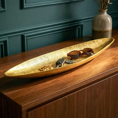 Produktbild von WOHNLING Dekoschale Gold Aluminium Schale 80 cm Tischdeko Metall Wohnzimmer Alu Wohnaccessoire Metallschale Dekoration Aluschale lang schmal Handmade