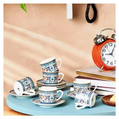 Produktbild von Beylerbeyi - Türkisches Kaffeetassen-Set 12 Stück, 6 Porzellan Espressotassen mit Untertassen, 80 ml, Traditionelles Design - Blau