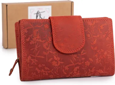 Produktbild von Ekavale Damen Geldbörse RFID Echtleder 15 Karten Reißverschluss Vintage Rot