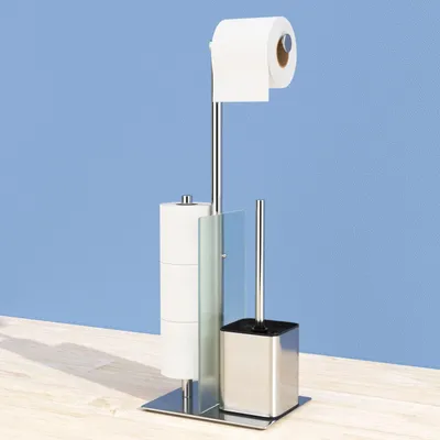 Image de Porte-papier hygiénique sur pied avec brosse de toilettes – Brosse de toilettes et porte-papier hygiénique sur pied avec tablette en verre, aucun perçage nécessaire, ensemble de salle de bains en acier inoxydable comprenant un porte-papier hygiénique sur pied et une brosse de toilettes (argent)